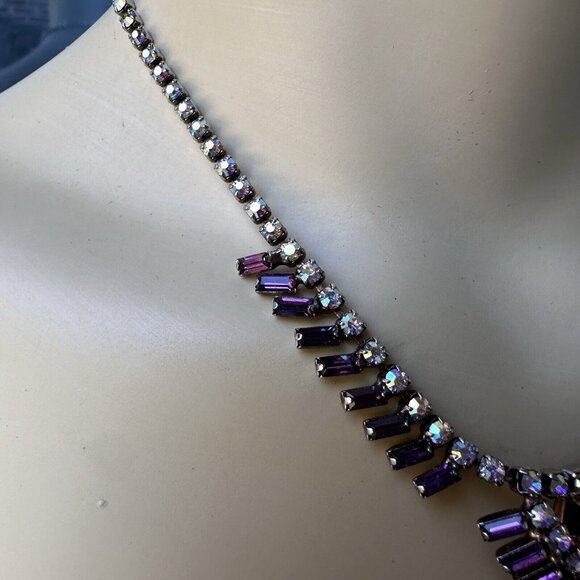 VTG 1950s Choker Necklace 15" Aurora Purple Crystal Rhinestone Earrings 1" - Picture 5 of 12